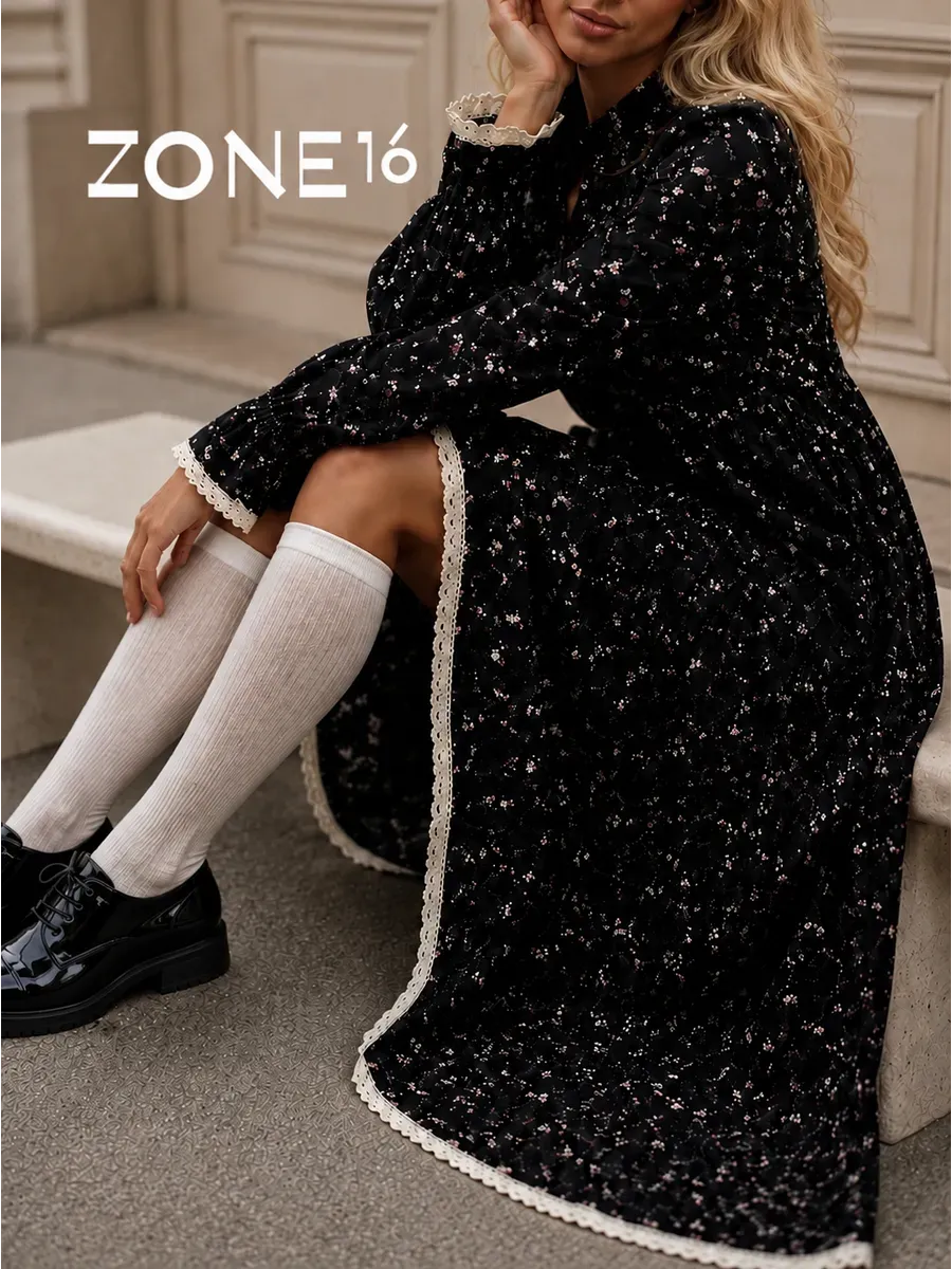 Вельветовое платье в цветочек с кружевом Zone16